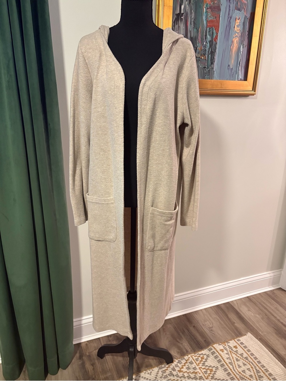 Long Tan Hooded Open-Front Women's Cardigan